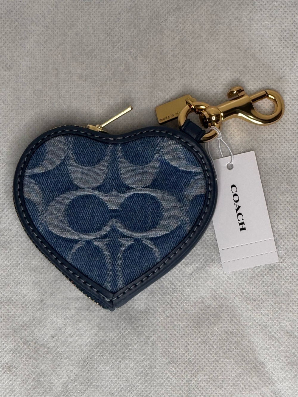 NEW Coach Signature Blue Denim Heart Bag Charm w Leather Trim CDF55 Gold/Indigo